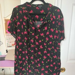 Torrid Black Blouse with Pink Floral Skull Design